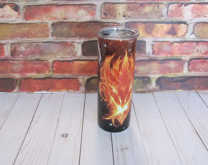 Fire Dragon Tumbler with Flames - 20 oz Skinny - Perfect Gift for Dungeon Masters and Dragon Enthusiasts