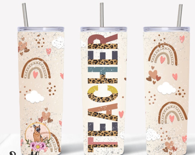 Teacher 20 oz Skinny Tumbler with Boho Rainbows for Teacher Appreciation or Gift Soft Pastels and Browns