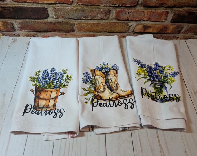 Personalized Farmhouse Kitchen Towels Custom Kitchen Towels with Bluebonnets and Wildflowers Western