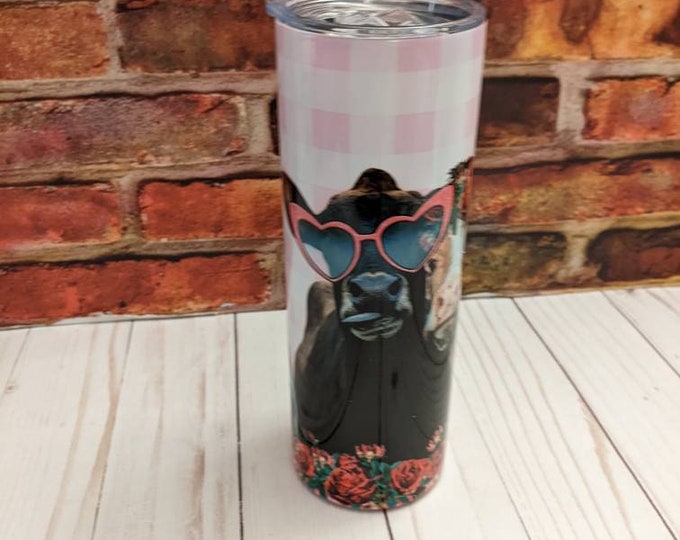 Cow Tumbler Farmhouse Style with Pink Gingham and Sunglasses for Cow Fans Gift 20 oz Skinny Tumbler