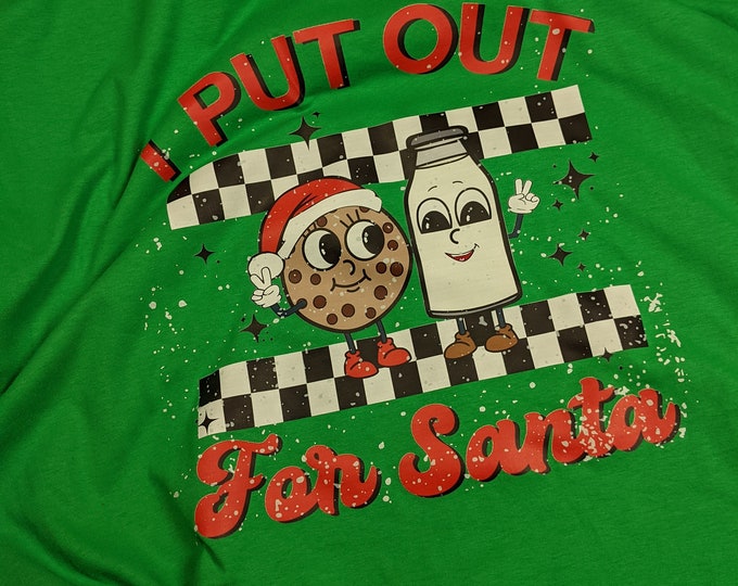 I Put Out for Santa Funny Retro Christmas Shirt with Black and White Check and Dancing Milk and Cookies