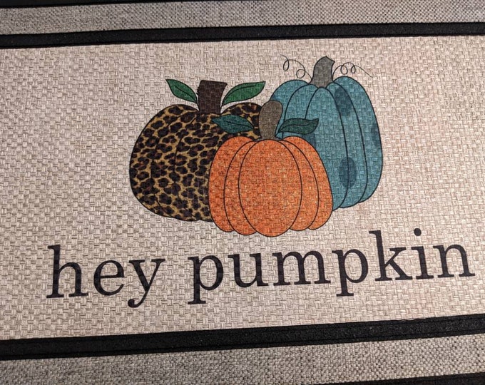 Hey Pumpkin Doormat with Cheetah Leopard Print Pumpkin turquoise dot and Orange pumpkins for custom look Fall and Halloween porch