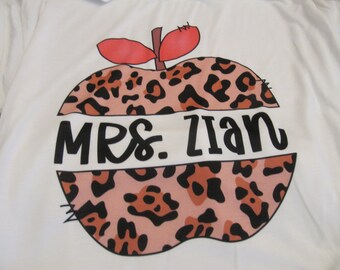 Teacher Shirt Leopard Print Apple with Pink Leaf Personalized with Name