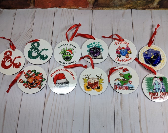 Dungeons and Dragons Themed Christmas Ornaments Holly Monster Overgourd Beholder Dragon Paladin Wizard Ampersand D20 and Warlock