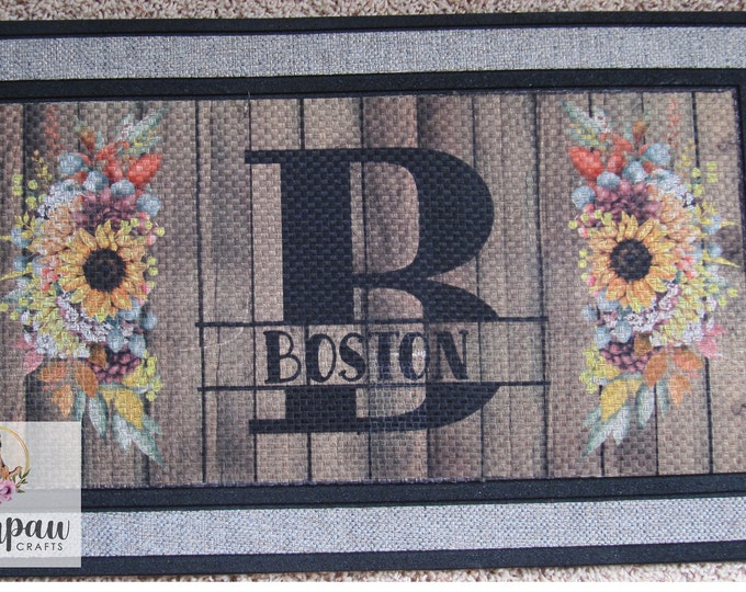 Florals and Sunflower on a Wood Background Personalized Doormat 18x30 // Custom Wedding Doormat Gift