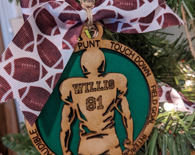 Personalized Football or PeeWee League Ornament with Football Player's Name and Number or Team Name