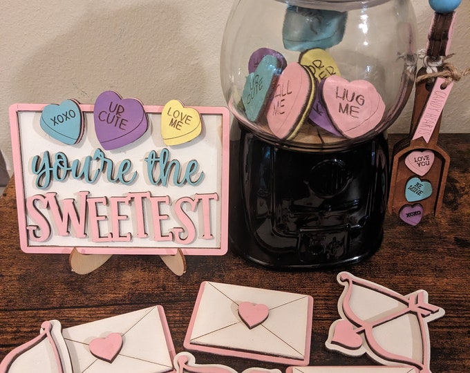 Valentine Tiered Tray Scatter or Jar Filler with Conversation Hearts Scoop and Garland