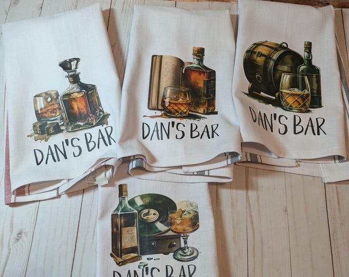 Personalized Bar or Kitchen Towel with Whiskey Barrel Decanter Tumbler