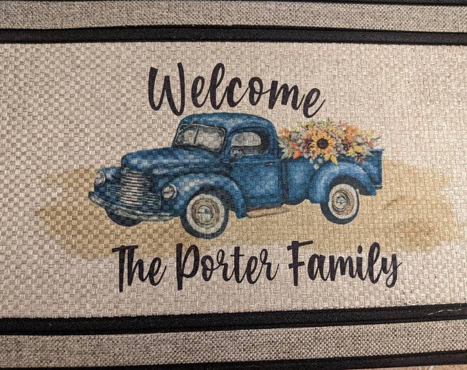 Personalized Farm Truck Welcome Mat // Doormat with Family Name