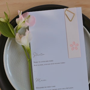 Carta del menu Fiore di ciliegio, Carta del menu Tag fiore di ciliegio, Carta menu Tag a due strati, Carta menu personalizzata