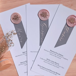 Carta menu fiori di ciliegio, Carta menu sigillo di cera, Menu con nome dell'ospite, Carta menu sigillo di cera ghirlanda, Menu e segnaposto, Carta menu personalizzata