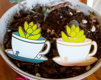 Spring Teacup Succulent Pin | Seasonal Succulents in Cups Enamel Pin | Succs in Cups | Plant Pin