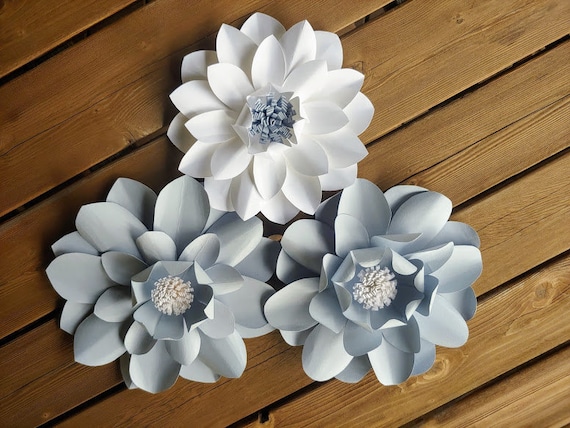 Large Paper Flowers Wall Flowers Paper Flower Wall Decor Wedding Decor Nursery Decor Gray And White Flowers Front Door Decor Door Flower
