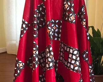 Red Ankara High Low, Asymmetrical Circle Flare Skirt, African Wax Print, Hi Lo Custom Handmade Skirt