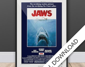 Jaws Movie Poster, 1975 - Descarga de póster digital, 300dpi Jpeg, tamaño A3 y tabloide, carteles de películas de los años 70