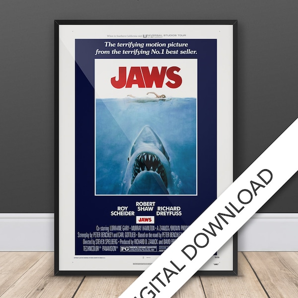 Jaws Movie Poster, 1975 - Digital Poster Download, 300dpi Jpeg, A3 and Tabloid Size, 70's Movie Posters