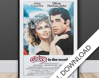 Grease Movie Poster - Digital Download, A3 & Tabloid, Printable Wall Art Print, Printable 70's Film Poster, Digital Print, Man Cave, Gift