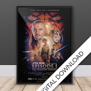 May include: A movie poster for Star Wars Episode I: The Phantom Menace. The poster features a dark background with a red and orange glow. The main characters, including Qui-Gon Jinn, Obi-Wan Kenobi, and Anakin Skywalker, are featured prominently. The text "Star Wars Episode I: The Phantom Menace" is displayed in a bold, white font.