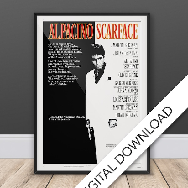 Scarface - Movie Poster - Digital Poster Download, 300dpi Jpeg, A3 and Tabloid Size, 80's Movie Posters