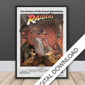 May include: A movie poster for the film Raiders of the Lost Ark. The poster features Harrison Ford as Indiana Jones holding a whip and standing in front of a large stone archway. The text "The Return of the Great Adventure" and "Raiders of the Lost Ark" are displayed at the top of the poster.