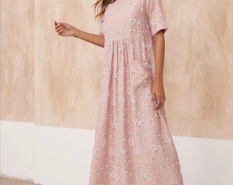 Summer Dress. Cute dress. Flower dress. Pink dress. Fashion dress trendy dress. Vintage style dress. Short sleeves dress