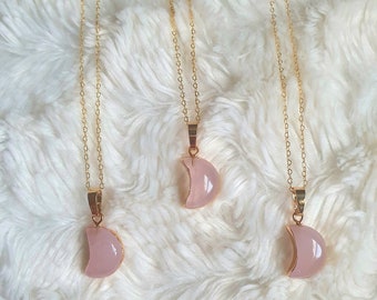 UNCONDITIONAL LOVE & HEALING; Rose Quartz Moon Necklace; Crystal Pink Quartz Moon; 16K Gold Plated; Gemstone; Witchy Jewelry; Gift for Her