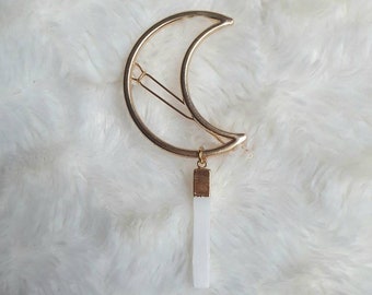 Moon Hair Clip with Selenite, Crystal Crescent Hair pin, Barrette de Lune, Selenite, Gold Plated