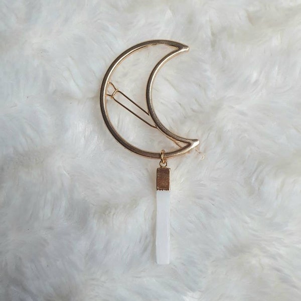 Moon Hair Clip with Selenite, Crystal Crescent Hair pin, Barrette de Lune, Selenite, Gold Plated