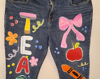 Custom Hand-Painted Teacher Jeans "TEACH", Bow, Apple, Crayon, Denim Art, Class Apparel, Send me YOUR Jeans
