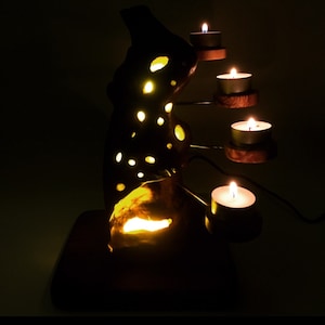 Olive Wood LED Candle Holder: Rustic Tealight Lamp