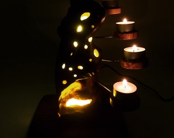 Olive Wood LED Candle Holder: Rustic Tealight Lamp