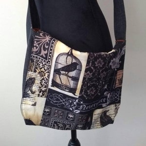 Handmade Messenger Bag, Denim Bag, Upcycled Denim Bag, Halloween Messenger Bag, Black Denim Fabric Bag.