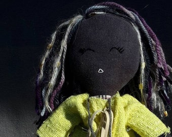 Handmade Fabric Girl Cloth Doll, Soft Toy, Linen Cloth Doll, Gift Toy, Dark Skin Cloth Doll, Hand Embroidered Face Doll, Handmade Heirloom.