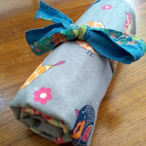Handmade Double Fabric Pencil Roll, Pencil Case, Pencil Wrap, Pencil Organizer,  Roll-Up Pencils, Brushes, Markers and Pens.
