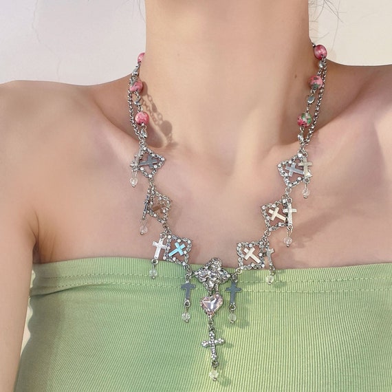 Y2K Cross Beaded Necklace Cool Chain Necklace Chocker Gift Etsy