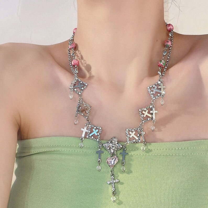 Y2K Cross Beaded Necklace Cool Chain Necklace Chocker Gift Etsy