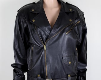 Vintage 90s Leather Motorcycle Jacket, Eagle Painted on the Back, 90s Biker Jacket, 90s Motorcycle Jacket, Authentic Leather, Black Leather