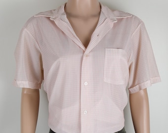 Vintage 50s Shirt, 1950s Short Sleeve Button Down, 50s collared Shirt, 50s check Shirt, 50s Peach Shirt, Peach 50s Shirt, 1950s Dress Shirt