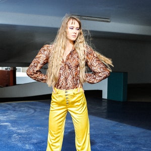 Vintage 70s Sunflower Yellow Pants, Size 6, Disco Pants, Disco Flares, Festival Pants, Splendour in the Grass Size Small. image 1