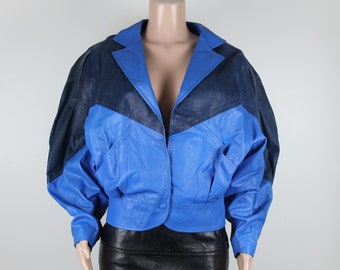 Vintage 80s Leather Batwing Jacket, Size 10 Womens, 80s Batwing Jacket, 80s Bomber Leather Jacket, Authentic Leather, Blue and Black Leather