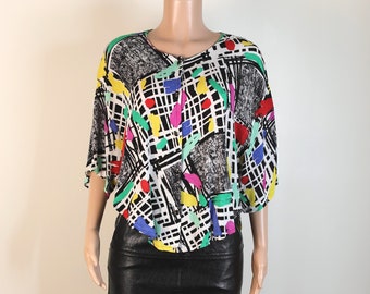 Vintage 80s Shirt, Size 14 Cropped 80s Abstract Shirt. 80s Brush Stroke Top. 80s Shirt. Size Large Womens Very Kath and Kim! 80s Crop Top