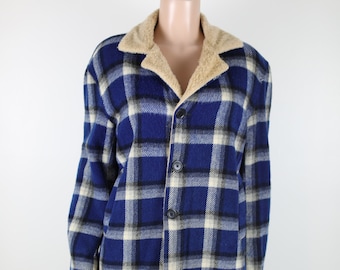 Vintage 70s Blue Plaid Lumberjack Jacket, Super Warm Sherpa jacket, Mens Size Small, Womens Size 12, Super Warm. 70s Plaid jacket, Check