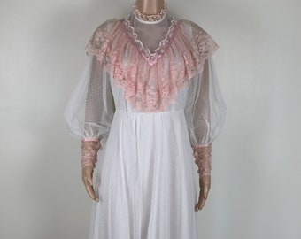 Vestido de novia vintage de los años 70, talla 8, vestido de novia de encaje rosa y blanco de los años 70, vestido de novia de encaje vintage, estilo cottagecore de los años 70, estilo cottagecore de los años 70