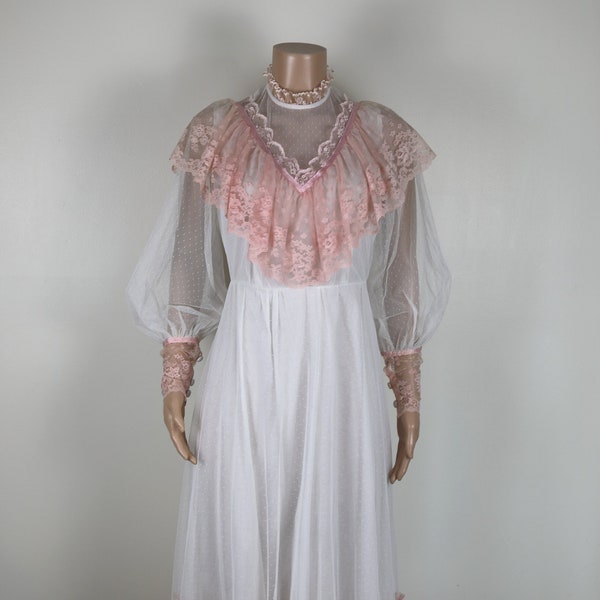 Vestido de novia vintage de los años 70, talla 8, vestido de novia de encaje rosa y blanco de los años 70, vestido de novia de encaje vintage, estilo cottagecore de los años 70, estilo cottagecore de los años 70