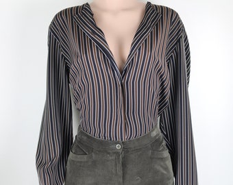Vintage 90s Striped Shirt, 90s Button Up, 90s Size 16 Stripey Shirt, 90s Striped Blouse, 90s Black and Brown Shirt, Vintage Friends Shirt