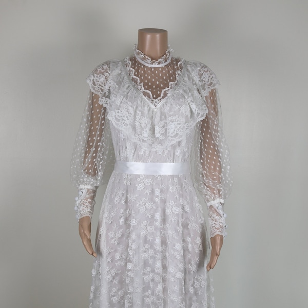 Vestido de novia vintage de los años 70, talla 8, vestido de novia de encaje de los años 70, vestido de novia vintage de encaje, estilo cottagecore de los años 70, cuello alto