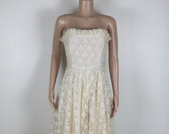 Vestido de novia vintage de los años 70, talla 6-8, extra pequeño, de encaje beige, vestido de novia de encaje crema de los años 70, estilo cottagecore de los años 70.