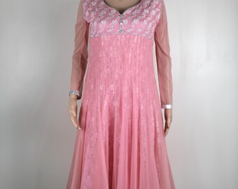 Vintage 70s Pink Ball Gown, 70s Prom Dress, 70s Party Dress, 70s Night Gown, Size 8 Womens, Vintage Pastel Pink and Silver Dress Retro Dress