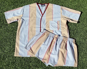 Vintage 70s PJs, Size 10, 70s Striped Pajamas, Retro Pjs, Retro Pajamas, 70s Stripey Pjs, 70s Stripey Shirt, Retro Beige, Grey and Burgundy