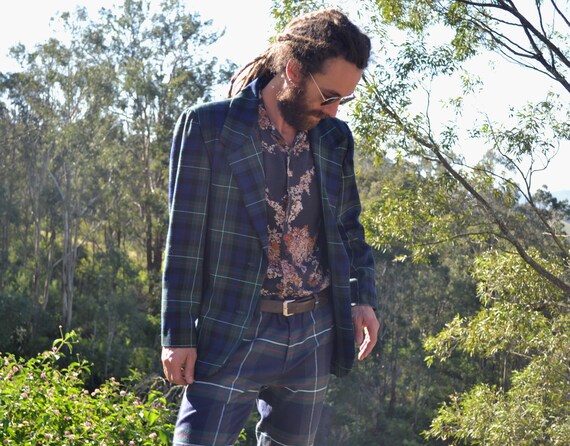 Vintage 70s Green Plaid Suit Jacket, Retro Jacket,
